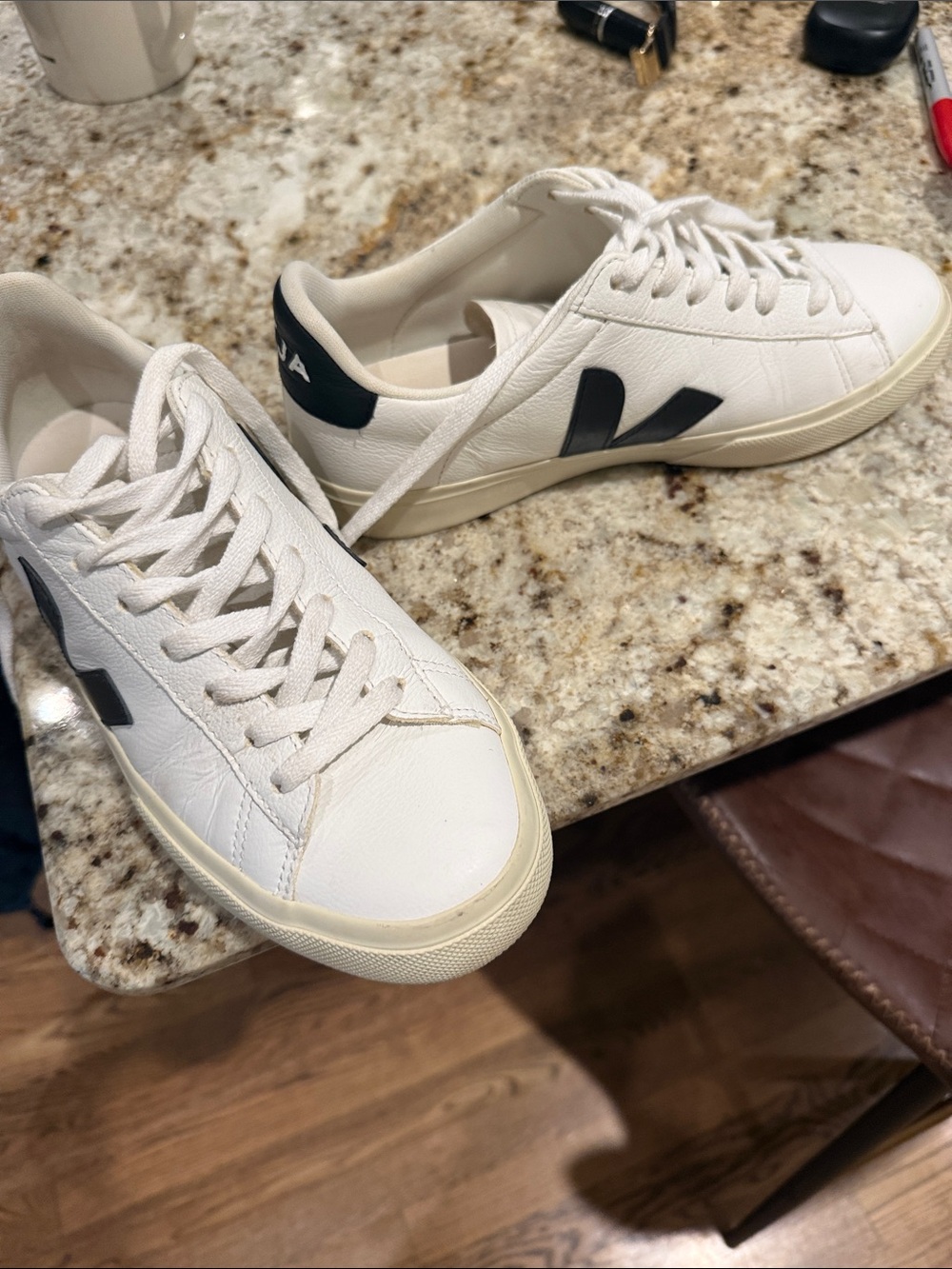 Veja White Leather Low-Top Sneakers with Black V Detail